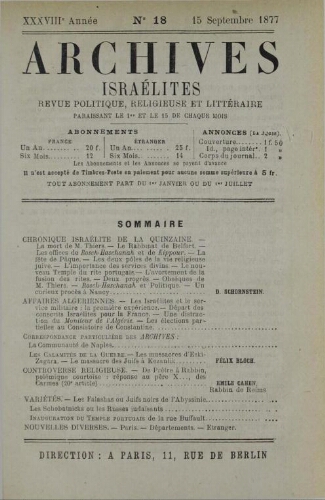 Archives israélites de France. Vol.38 N°18 (15 sept. 1877)